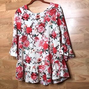 Floral BabyDoll Top with Lace Up Back Bellsleeves